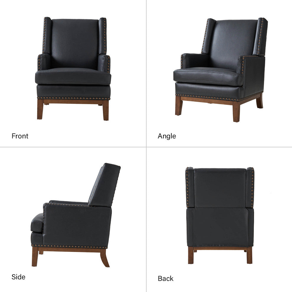 30"W Mid-Century Style Genuine Leather Armchair With Solid Wood Frame, Black