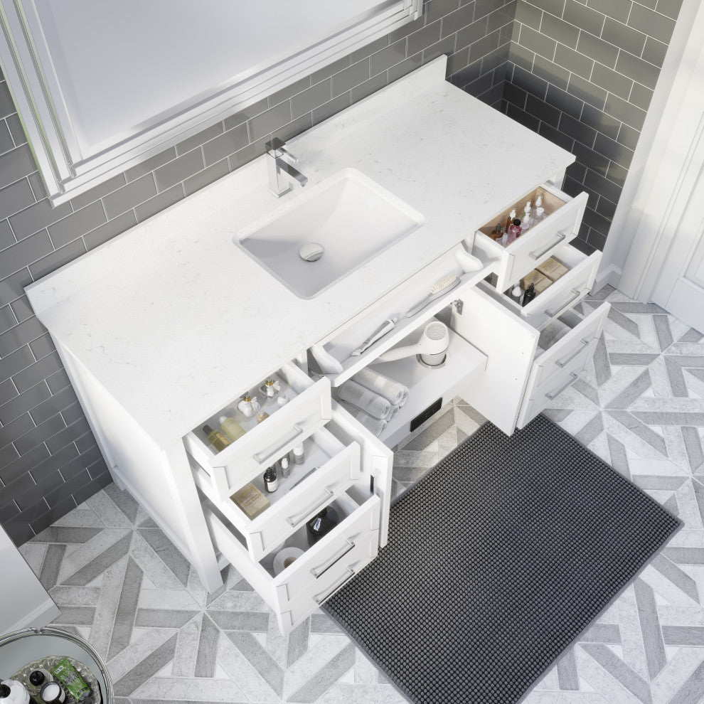Terrence 60" Vanity with Power Bar and Drawer Organizer, White