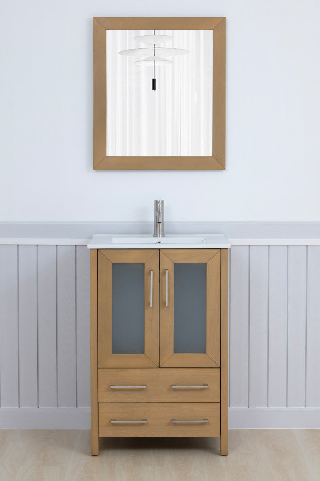 Vanity Art Vanity Set With Ceramic Top, 24", Natural Oak, Standard Mirror