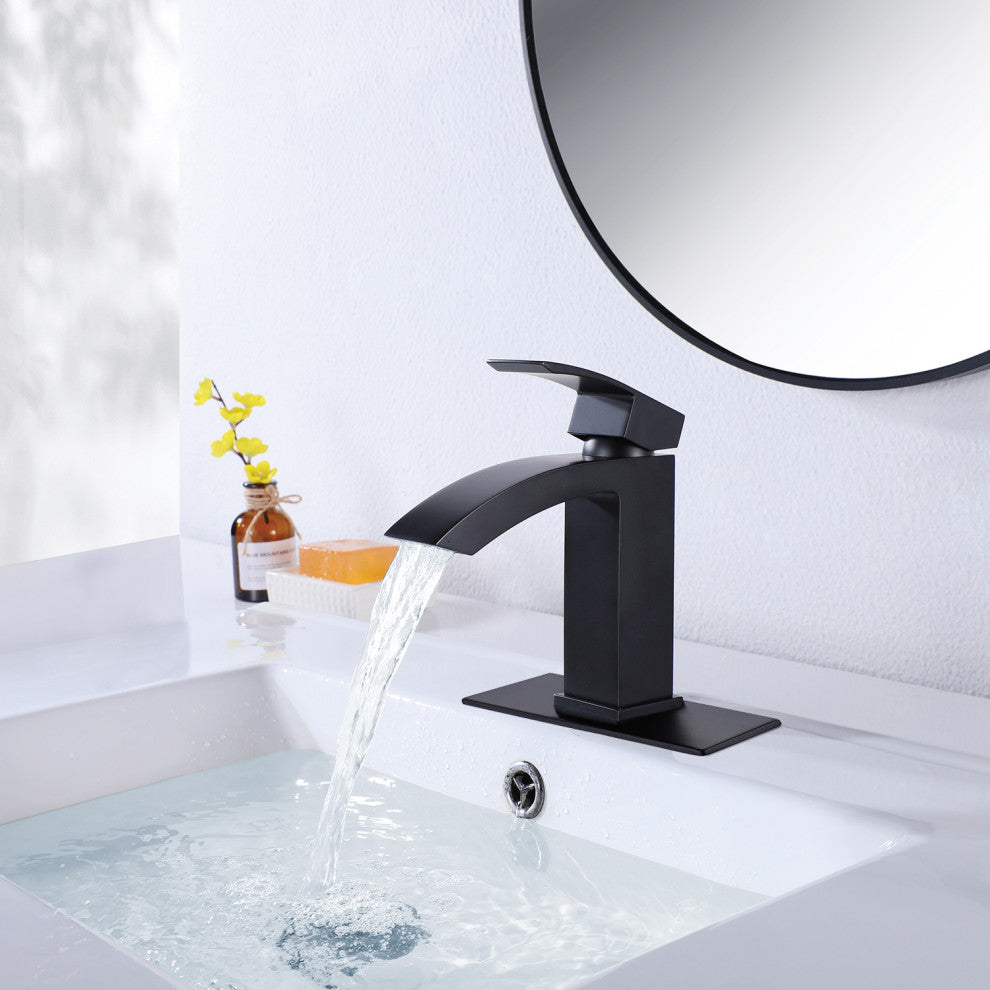 Deck Mounted Single Hole Bathroom Sink Faucet, Matte Black