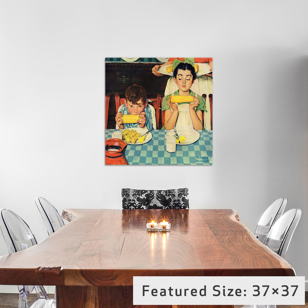"Who's Having More Fun (Kids Eating Corn)" by Norman Rockwell, 18x18x1.5"
