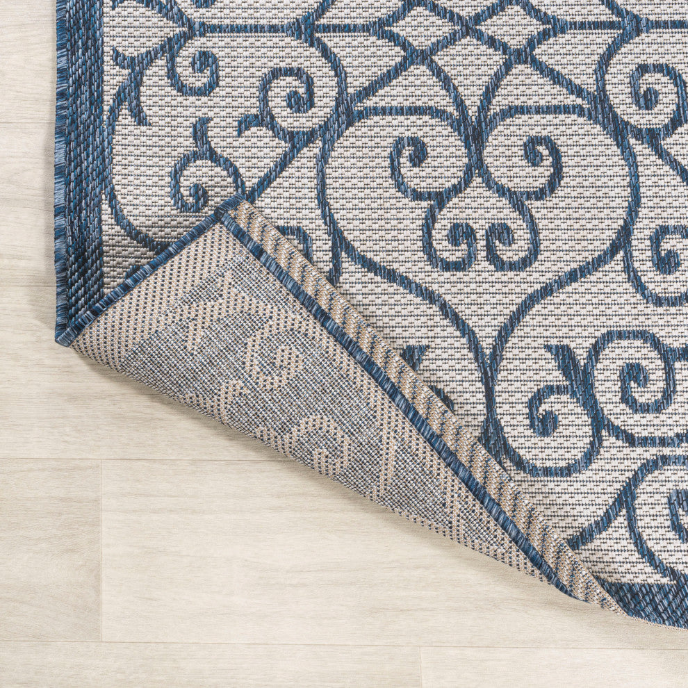 Madrid Vintage Filigree Textured Weave Indoor/Outdoor, Cream/Blue, 5' Square