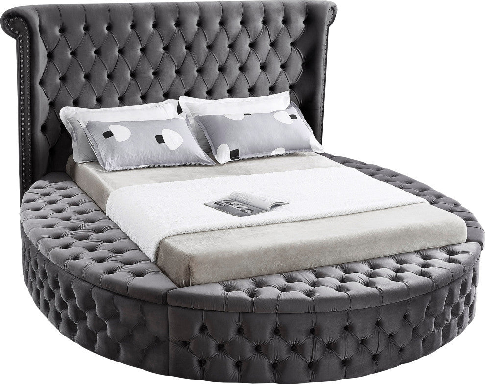Luxus Button Tufted Velvet Round Bed, Gray, Full