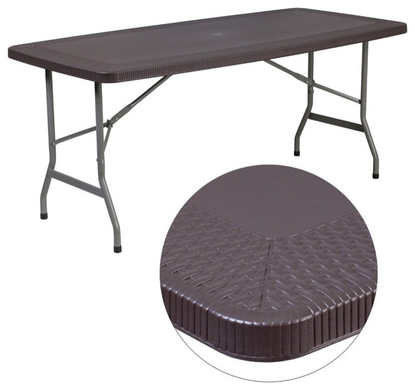 32.5''W x 67.5''L Brown Rattan Plastic Folding Table