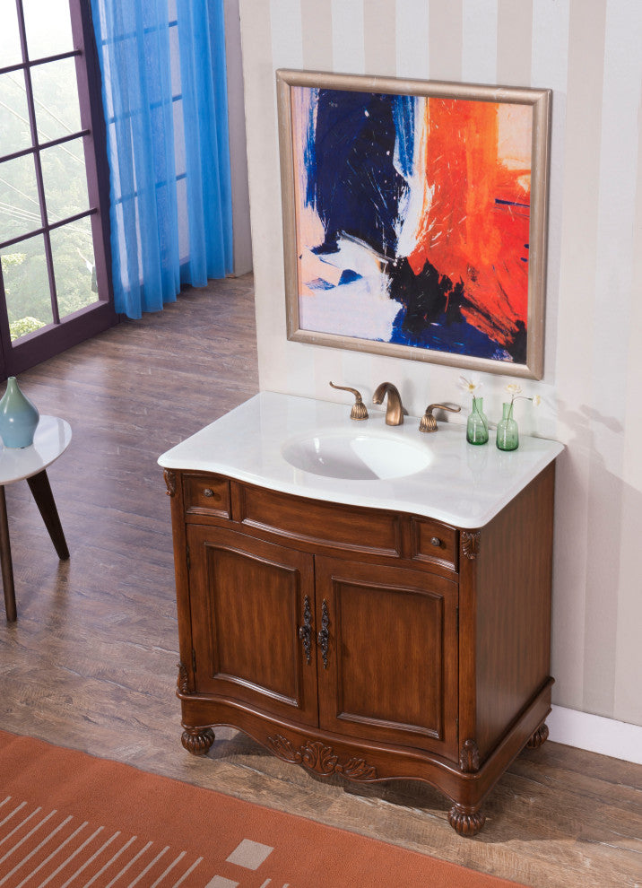 48" Single Bathroom Vanity, Teak Color With ivory white engineered marble, 36