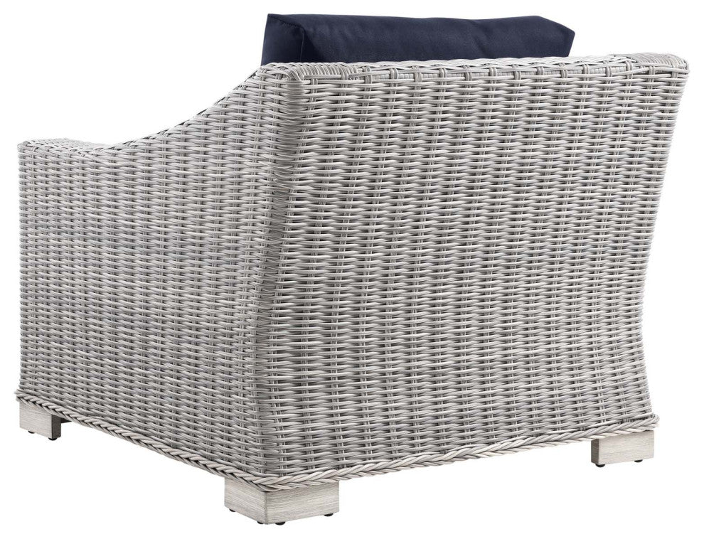 Side Chair Armchair, Rattan, Wicker, Gray Blue Navy, Modern, Outdoor Patio