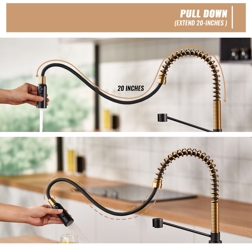 Kitchen Sink Faucet 1.8 GPM with Pull Down and 3 Models Sprayer Single Handle, Matte Black+brushed Gold