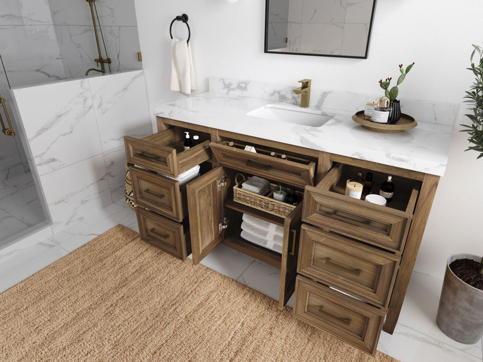 Santa Monica 60 Single Sink Bathroom Vanity in Graywashed Teak 2" Calacatta Laza
