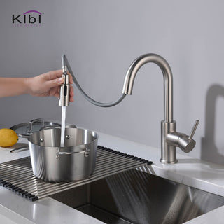 Luxe Single Handle Pull Down Kitchen & Bar Faucet, Brush Nickel W/ Soap Dispenser