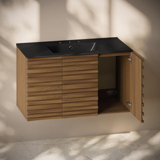 Cascade 36" Wall-Mounted Bath Vanity, Brown Oak, Black Widespread Sink Top