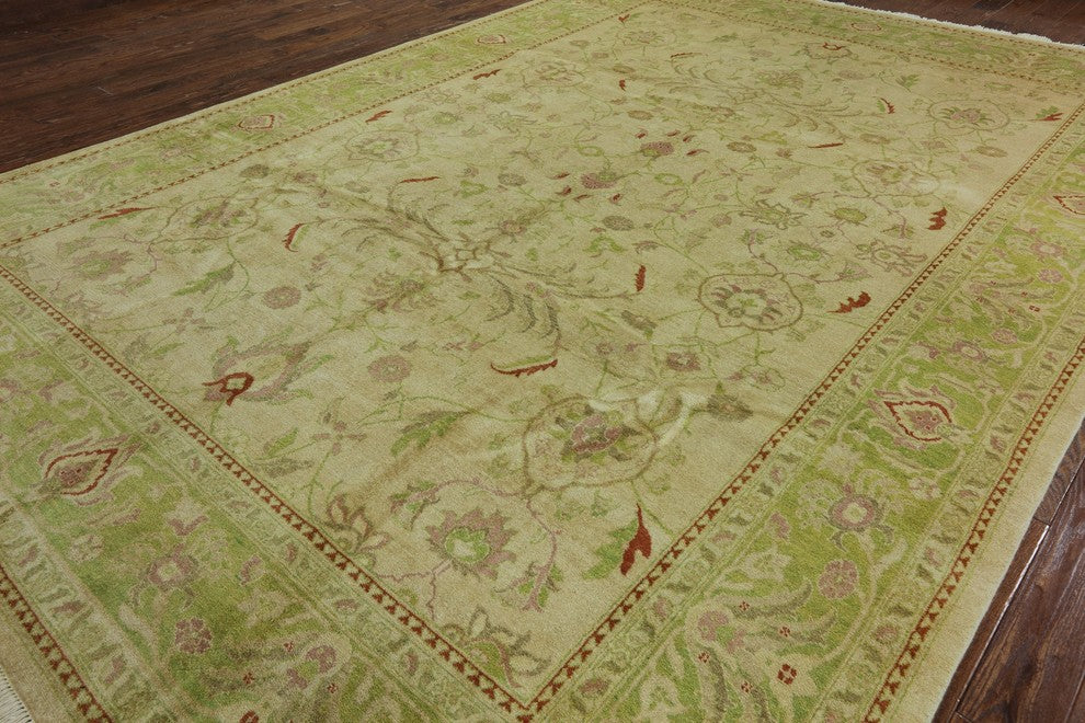 Ivory and Green Floral Peshawar Hand-Knotted Oushak Chobi Wool Rug, 10'x14'