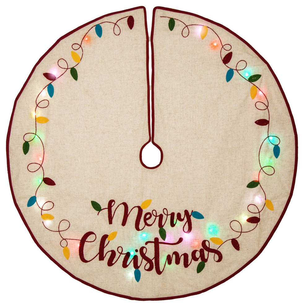 Set of 3 LED Embroidered Linen Christmas Decoration, Stocking and Tree Skirt