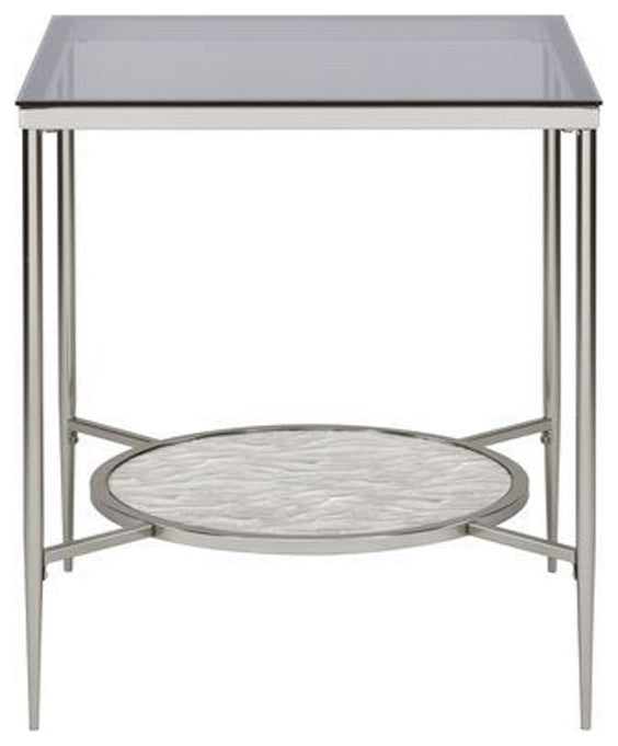 Benzara BM262119 End Table With Textured Round Shelf, Silver
