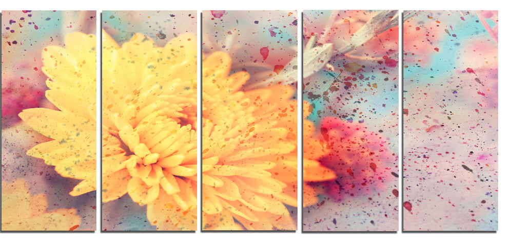 Aster Flower with Watercolor Splashes, Flower Art on Canvas, 60"x28", 5 Panels