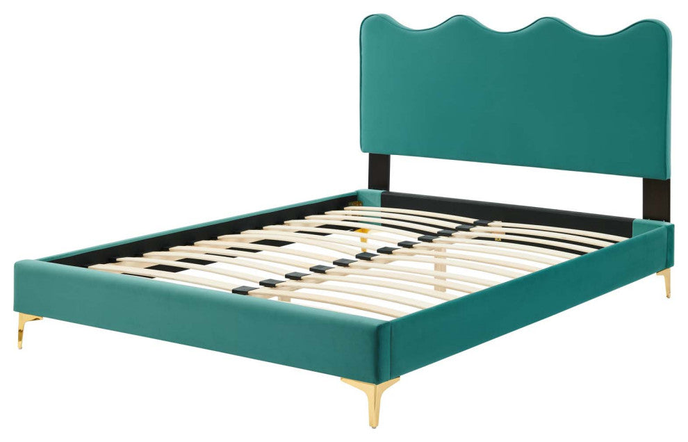 Platform Bed Frame, King Size, Teal Blue, Velvet, Modern, Bedroom Guest Suite