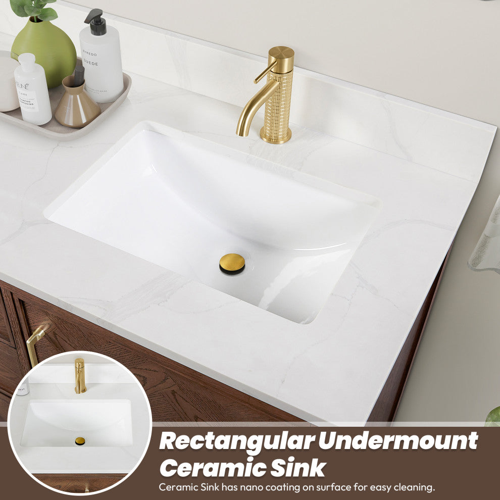 Jakarta Bath Vanity, Quartz Top No Mirror, Dark Brown Oak, 36", Single Vanity