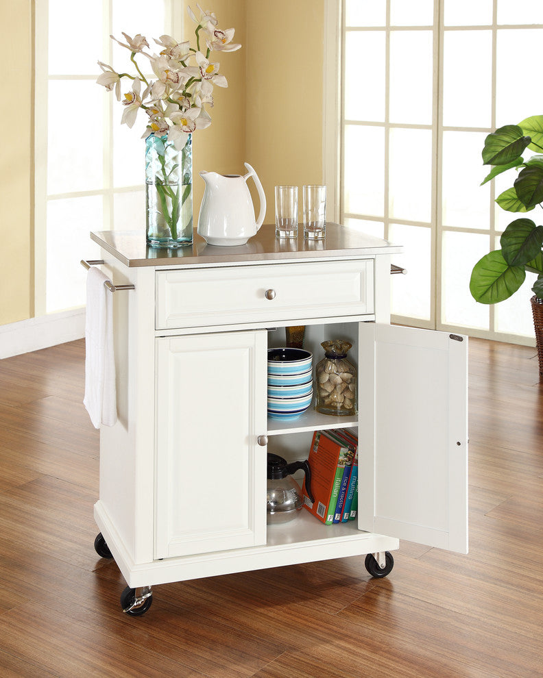 Crosley Furniture Wood Portable Kitchen Cart in White and Silver