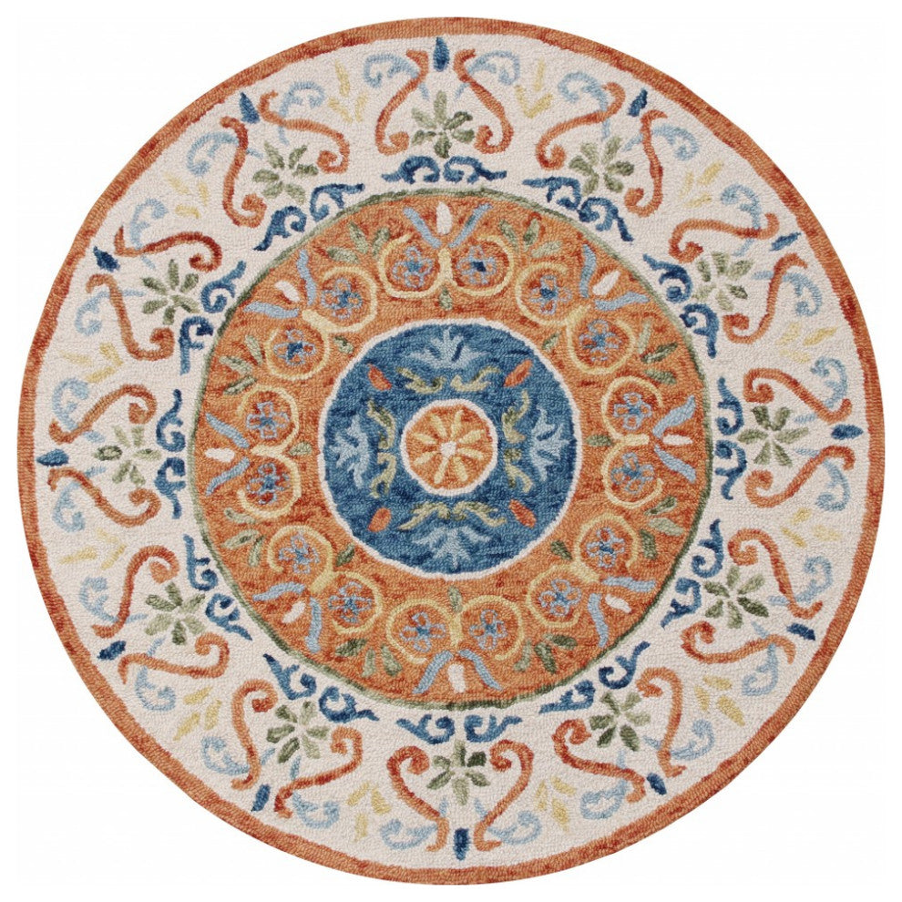 4' Round Orange Traditional Medallion Area Rug