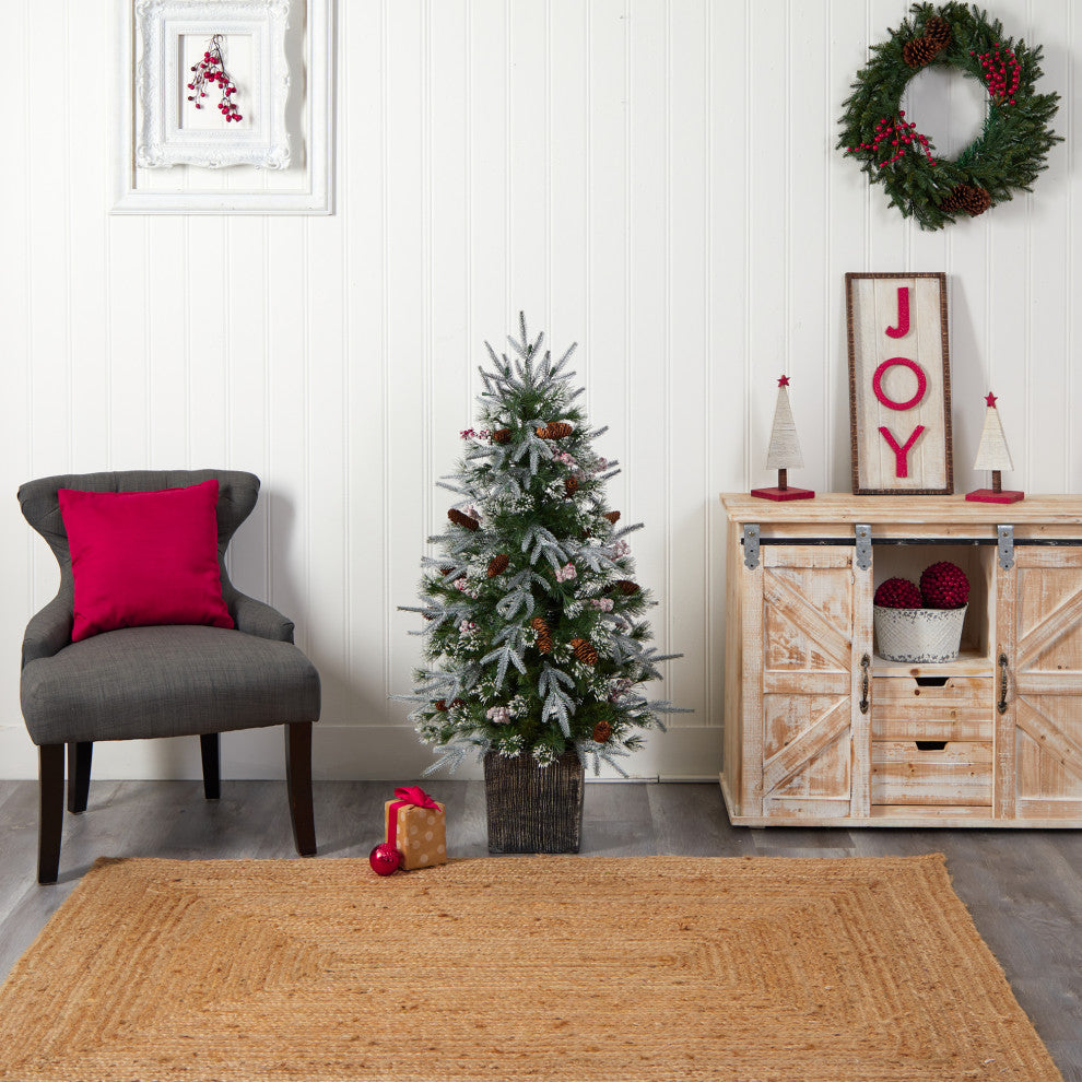 4' Frosted Faux Xmas Tree Pre-Lit With 105 lights & Berries, Decorative Planter