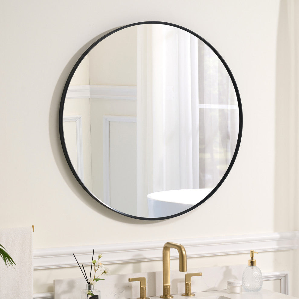 Bella Soft Corner Anodized Aluminum Wall Vanity Mirror, Matte Black, 32"x32", Round
