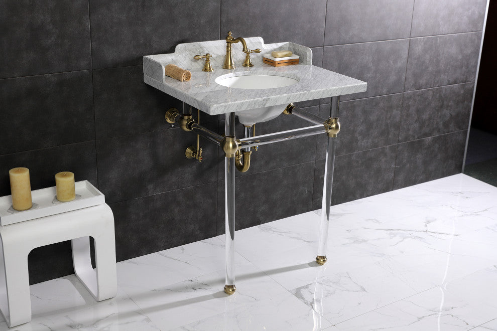 Kingston Brass LMS30MA7 30" Carrara Marble Console Sink, Acrylic Legs