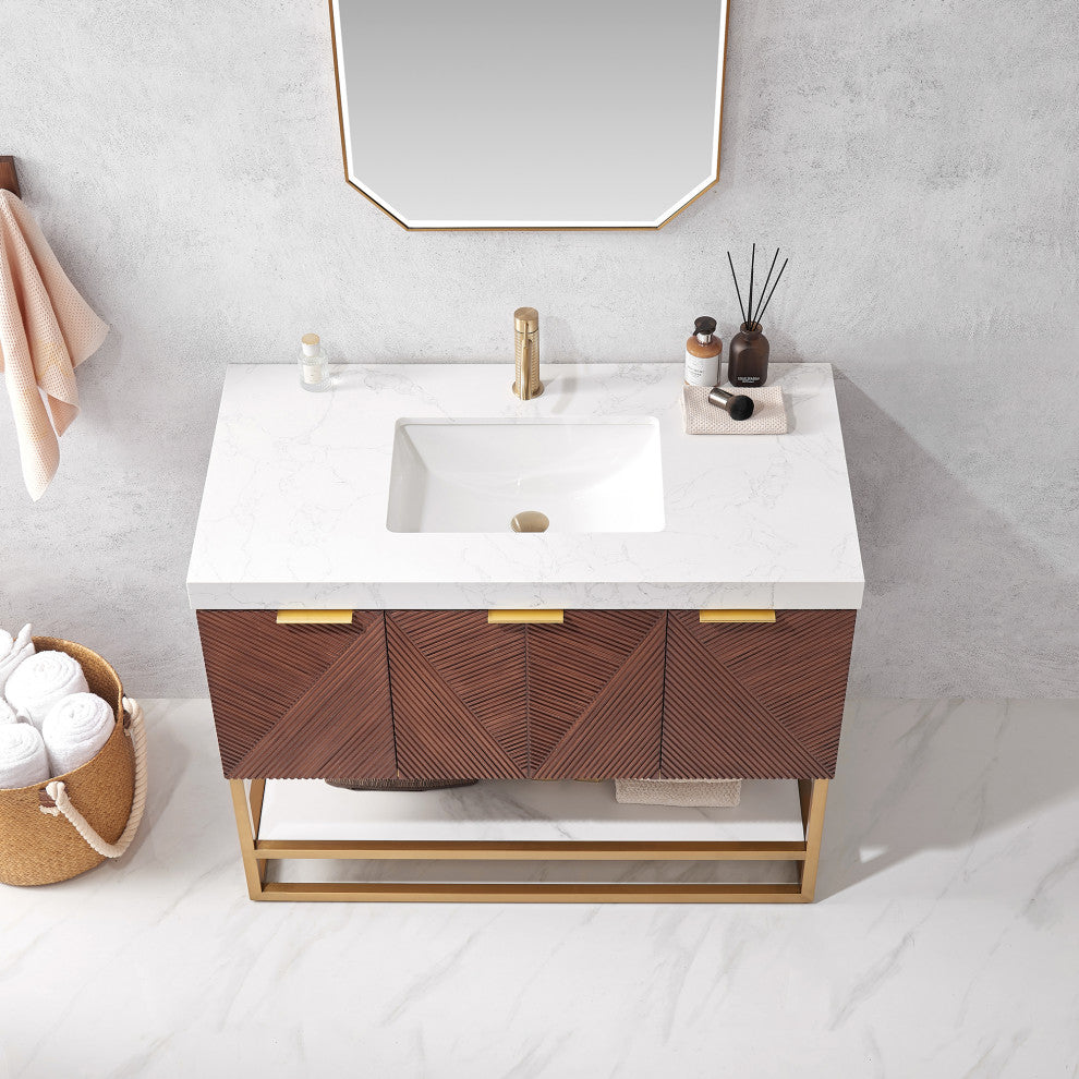 Mahon Bath Vanity, Stone Top, Brushed Gold Base, 42", Single Vanity, No Mirror