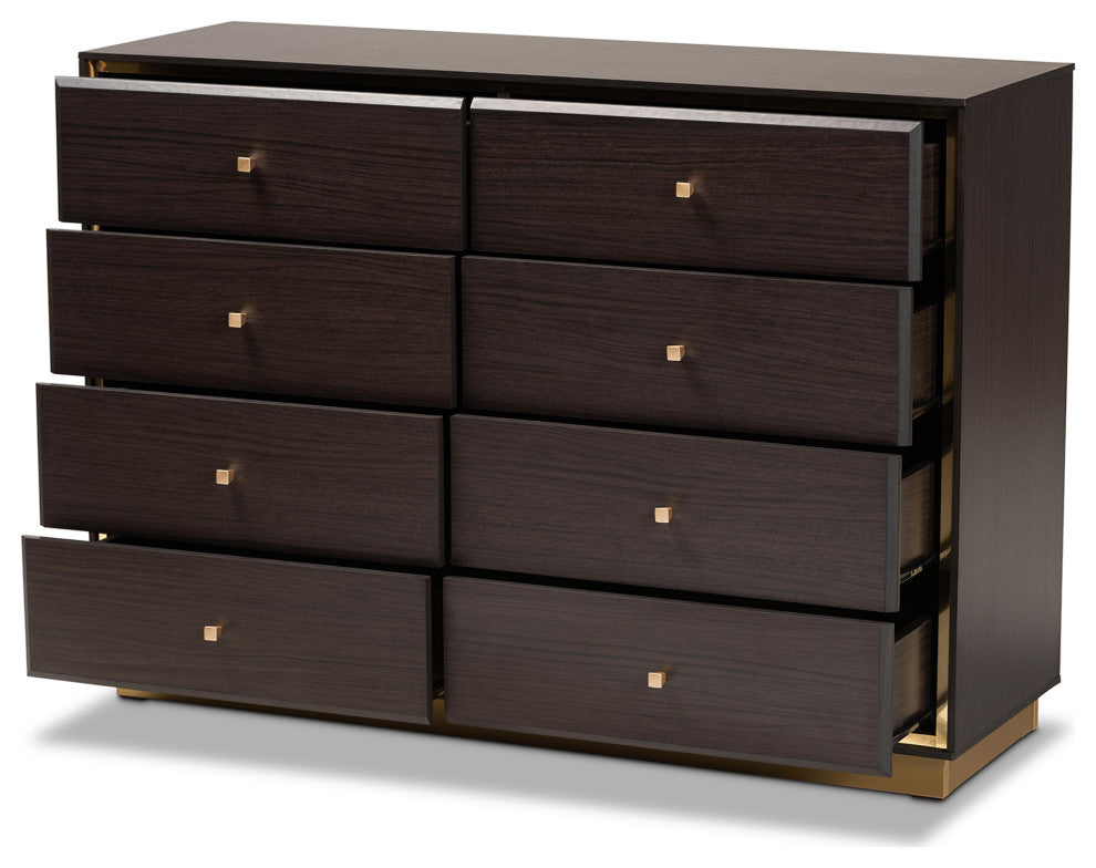 Warner Modern Espresso Brown Finished Wood and Gold Metal 8-Drawer Dresser