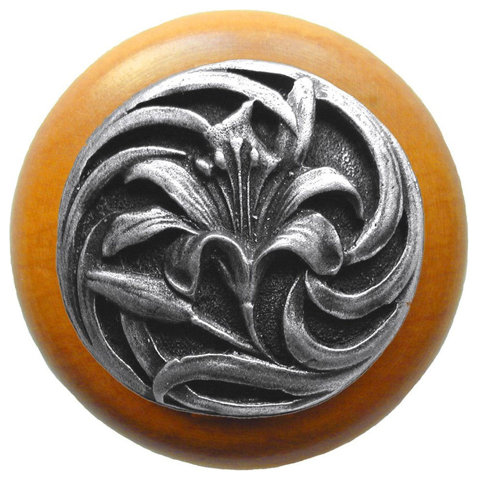 Tiger-Lily Maple Wood Knob, Antique-Style Pewter