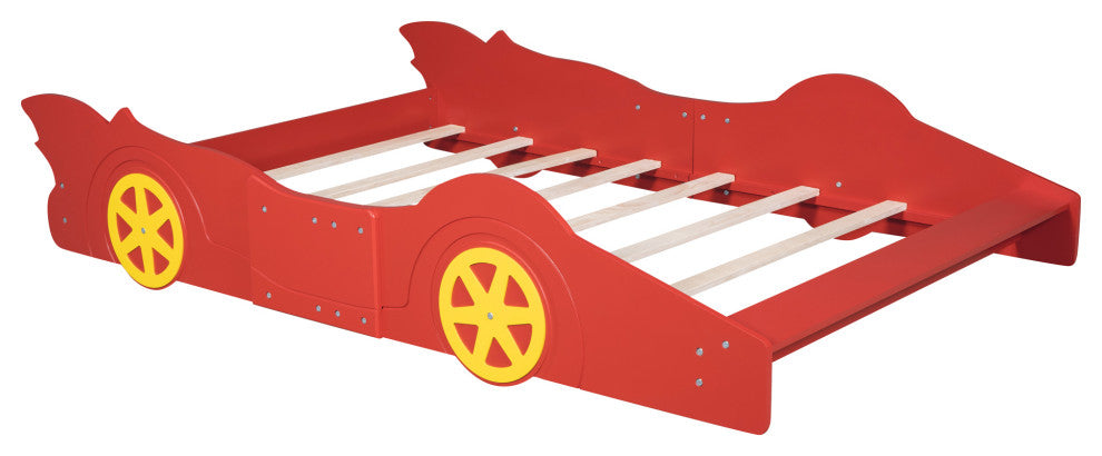 Gewnee Wood Full Size Car Shaped Platform Bed with Wheels for Kids in Red