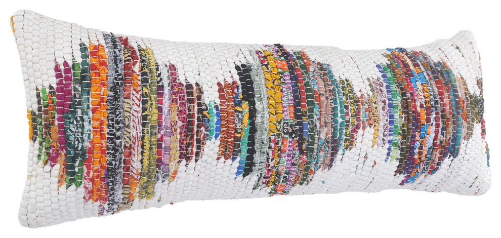 White and Multicolored Chindi Geometric Throw Pillow, 14" X 36"