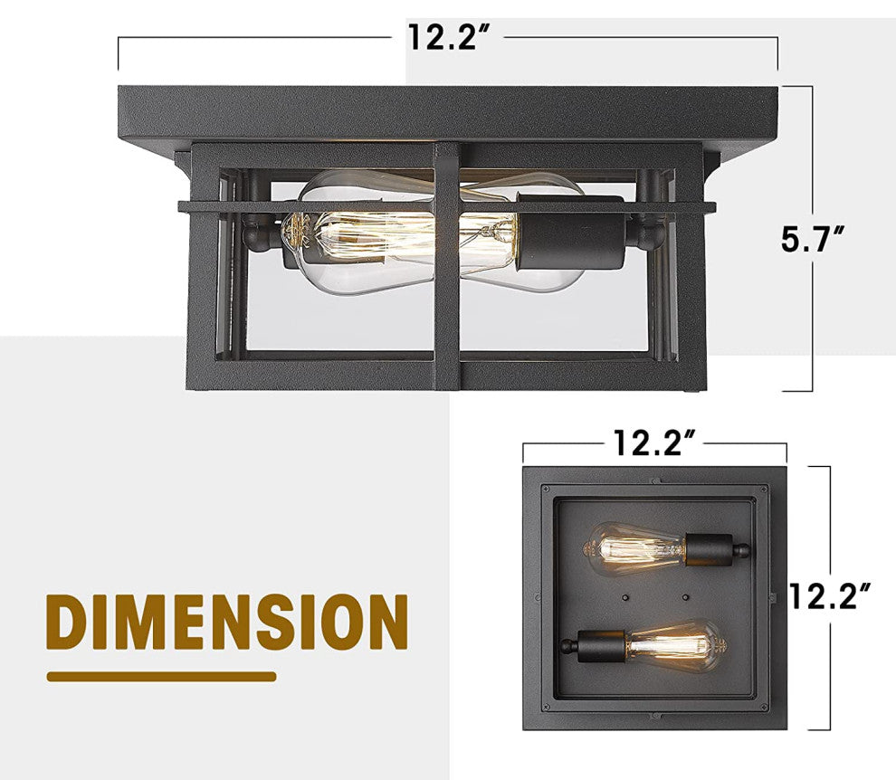 2 Light Farmhouse Flush Mount Ceiling Light Fixture Glass Black Close to Ceiling