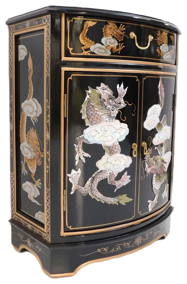 Dragon Mother of Pearl Inlaid Cabinet With Drawer and Doors.