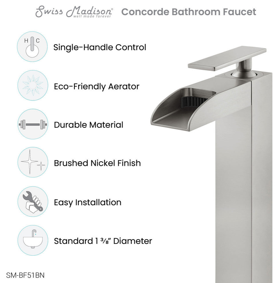 Concorde Single HoleHigh Arc Waterfall Bathroom Faucet, Brushed Nickel