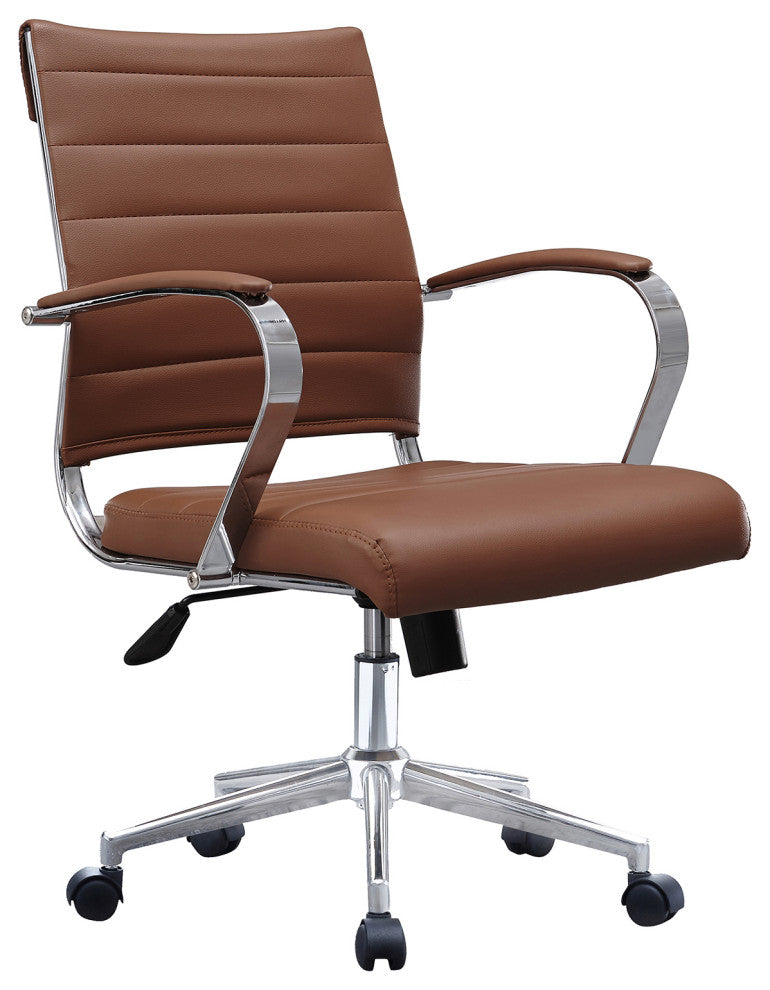 Mid Back Swivel Boss Ribbed PU Leather Office Arm Chair Modern Ergonomic, Brown