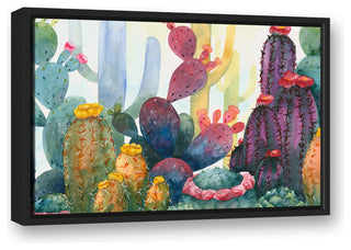 Colorful Blooming Cactus 16x24 Black Floating Framed Canvas