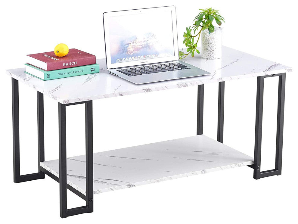 Faux Marble Rectangle Tabletop, 2 Layers Coffee Table for Living Room