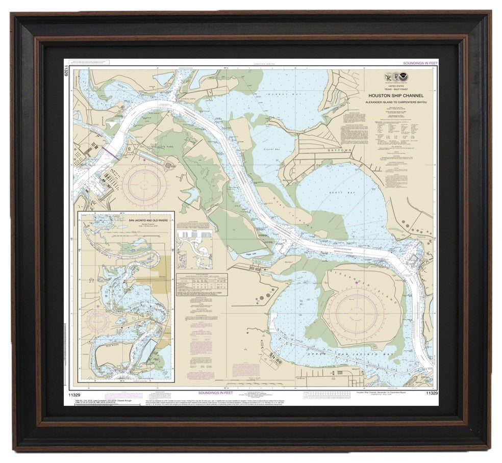Nautical Chart, Houston Ship Channel Alexander Island, Framed
