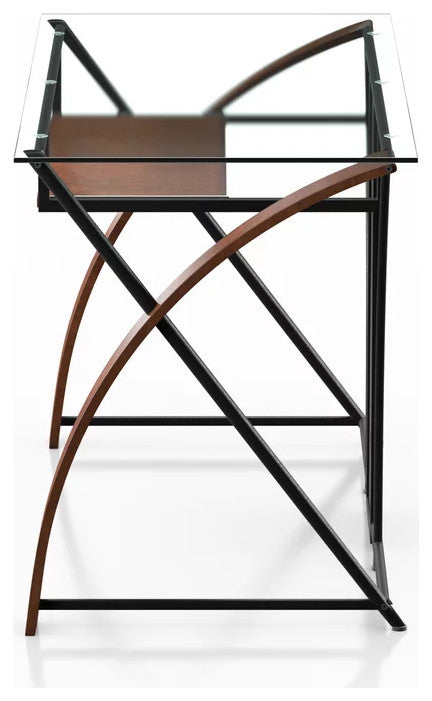 Contemporary Desk, Unique X-Shaped Sides With Tempered Glass Top & Keyboard Tray