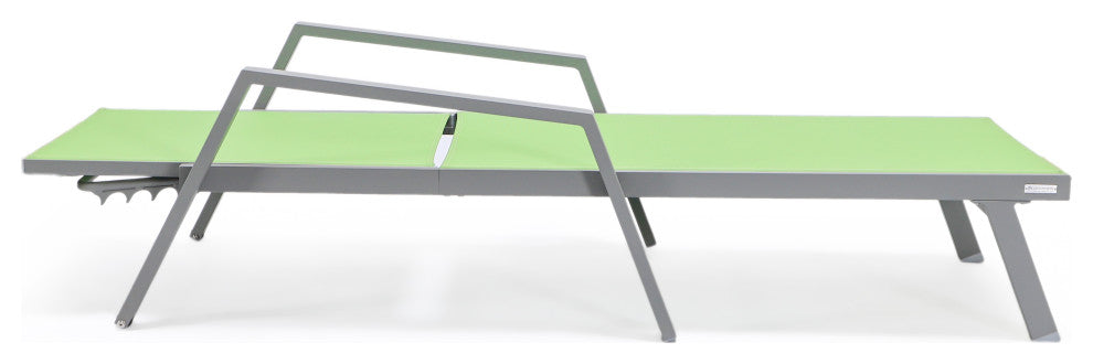 LeisureMod Marlin Patio Chaise Lounge Chair With Arms Gray Frame, Green