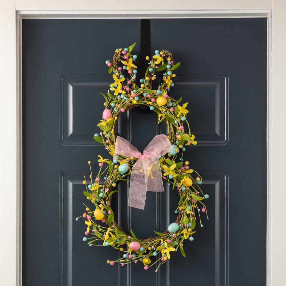 24.5"H Easter Bunny Shaped Wreath With Eggs and Satin Ribbon Bow