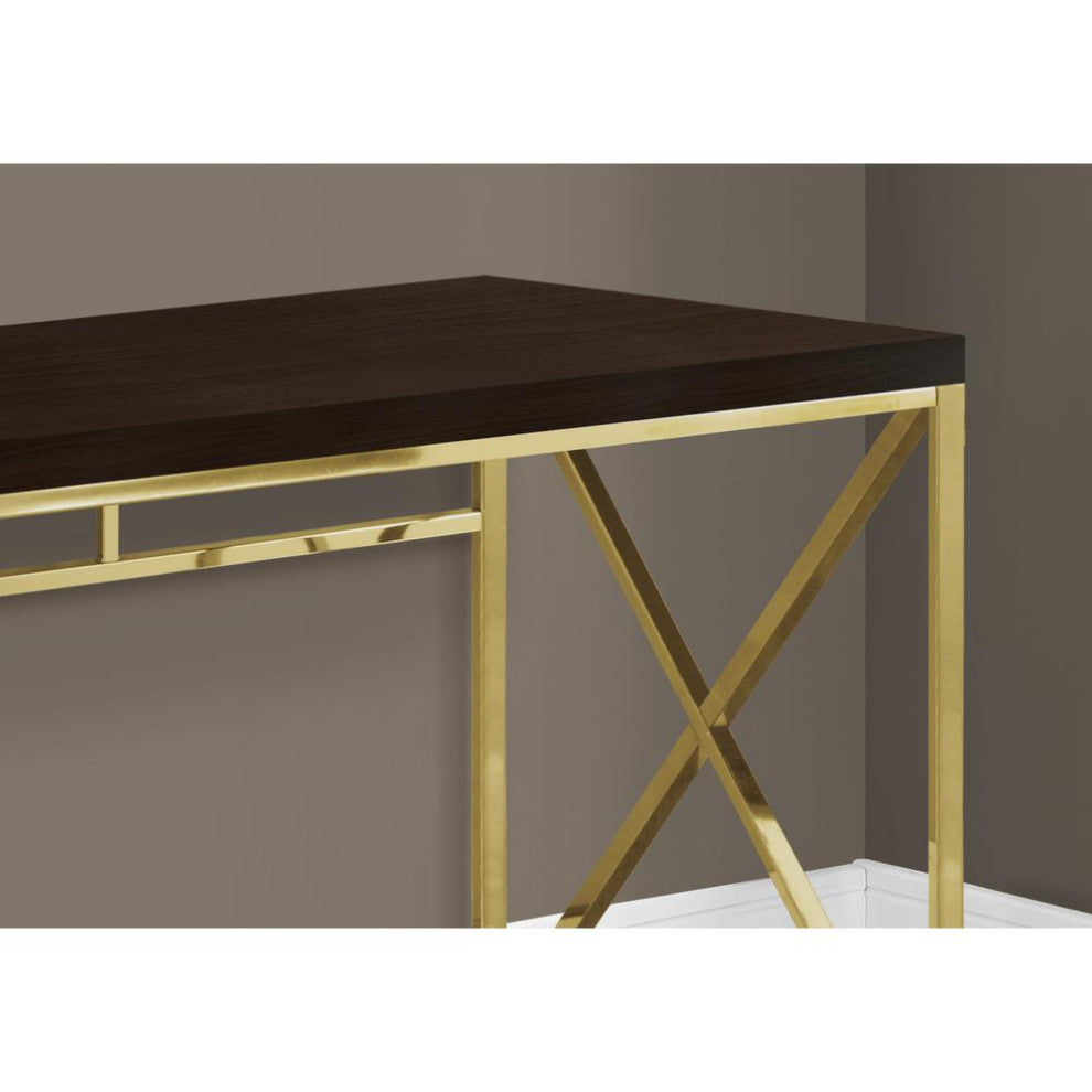 Computer Desk, Home Office, Laptop, Work, Metal, Laminate, Brown, Gold