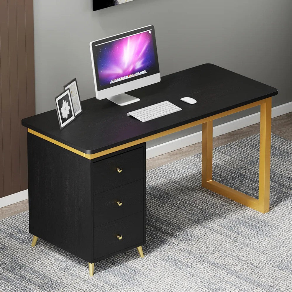 Modern 55" Black Wooden Home Office Writing Desk with Drawers in Gold