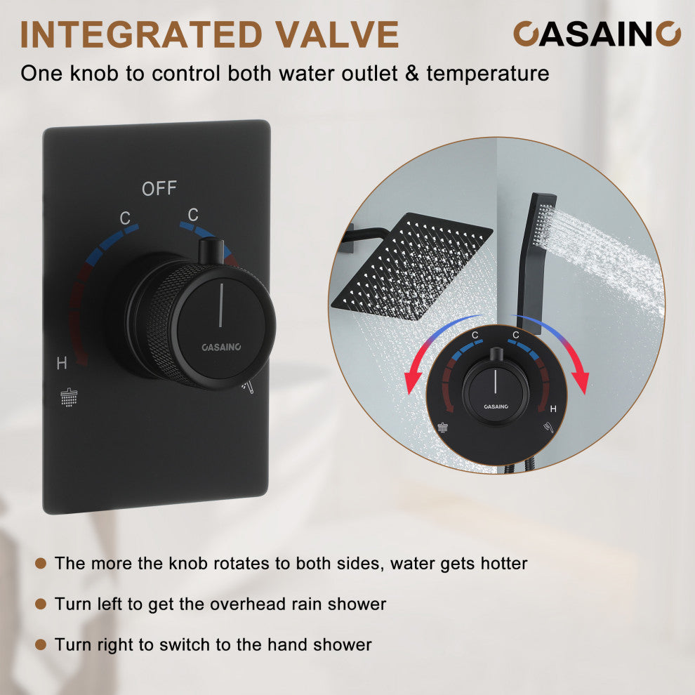 10inch Wall Mount Dual Function Showerhead Thermostatic Shower System, Matte Black