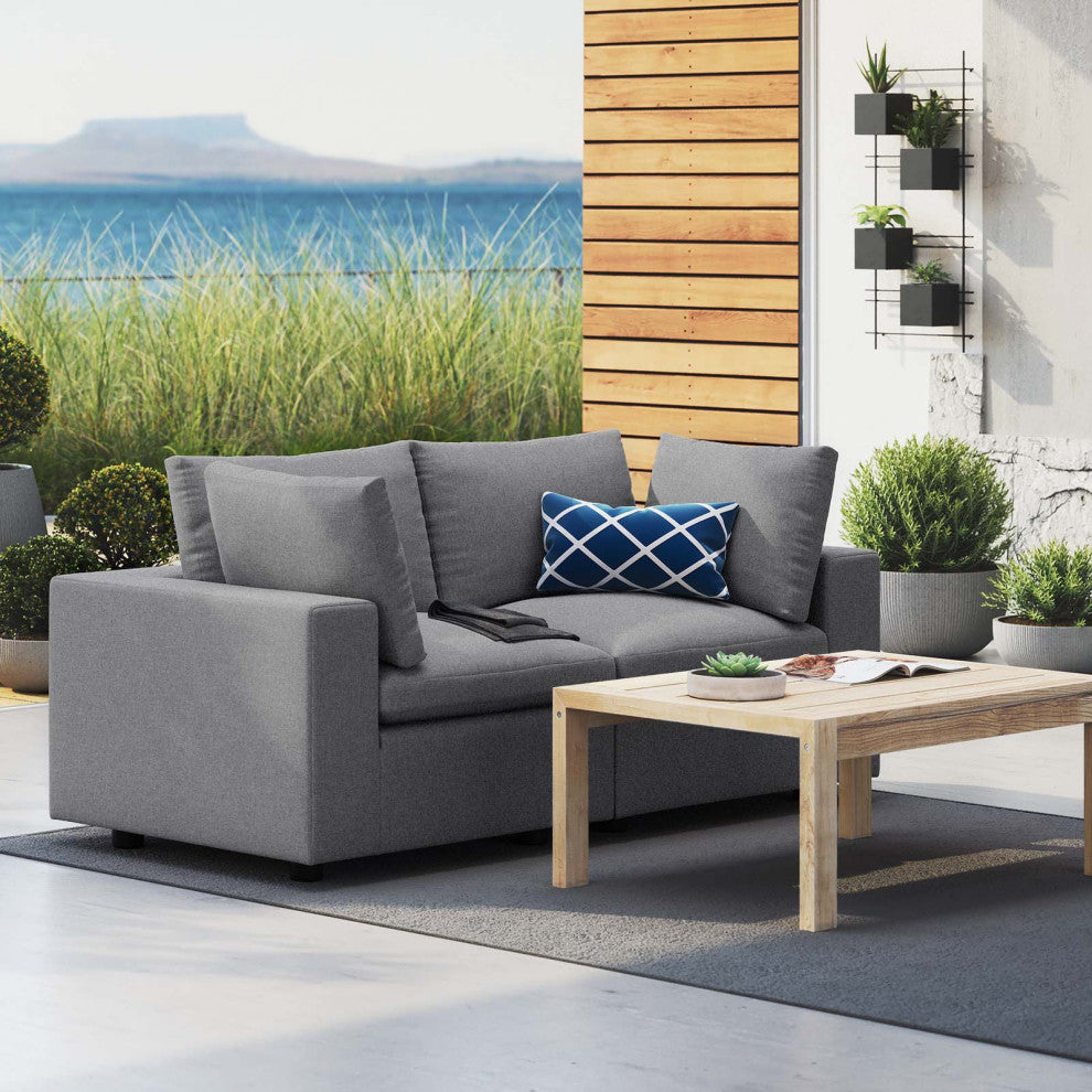 Modular Lounge Loveseat Deep Sofa, Sunbrella, Gray, Modern, Outdoor Patio