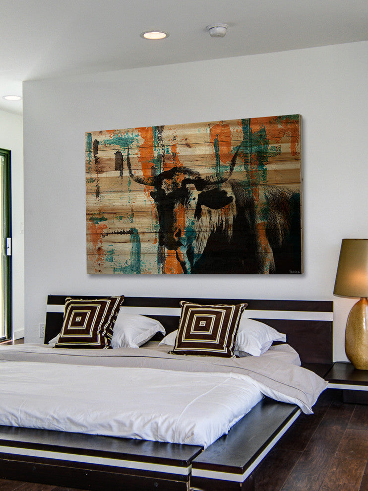 "Orange Teal Steer" Painting Print on Natural Pine Wood, 36"x24"