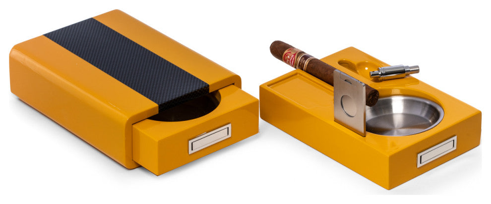Cigar Ashtray/Cutter/Punch Yellow and "Carbon Fiber" Color