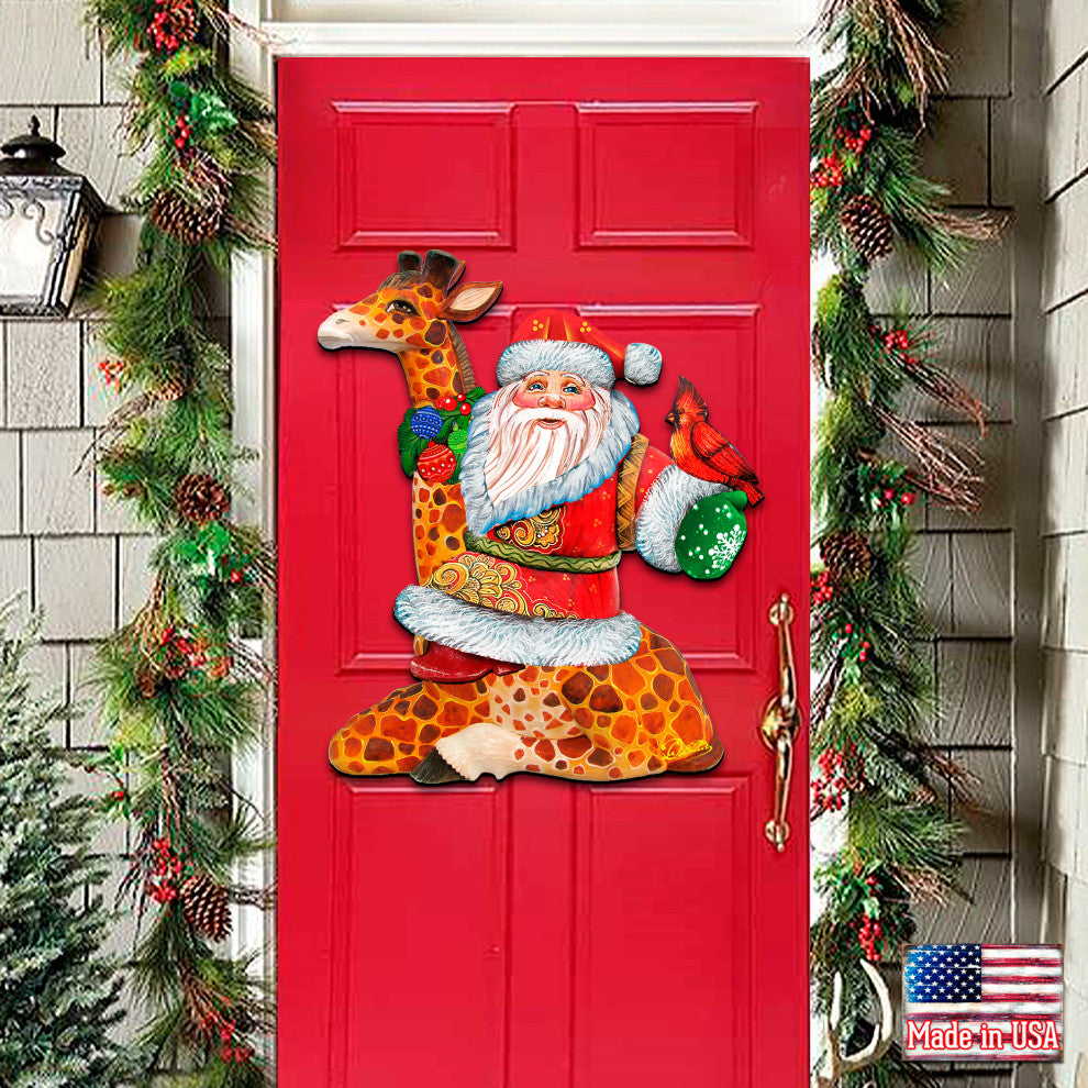 Santa On Giraffe Wooden Holiday Decorative Door Hanger