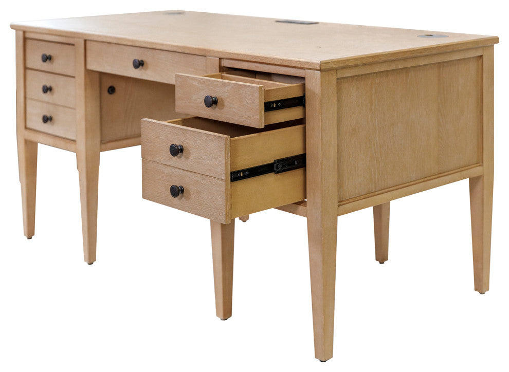 Modern Wood Half Pedestal Desk, Wood Office Desk, Fully Assembled, Light Brown