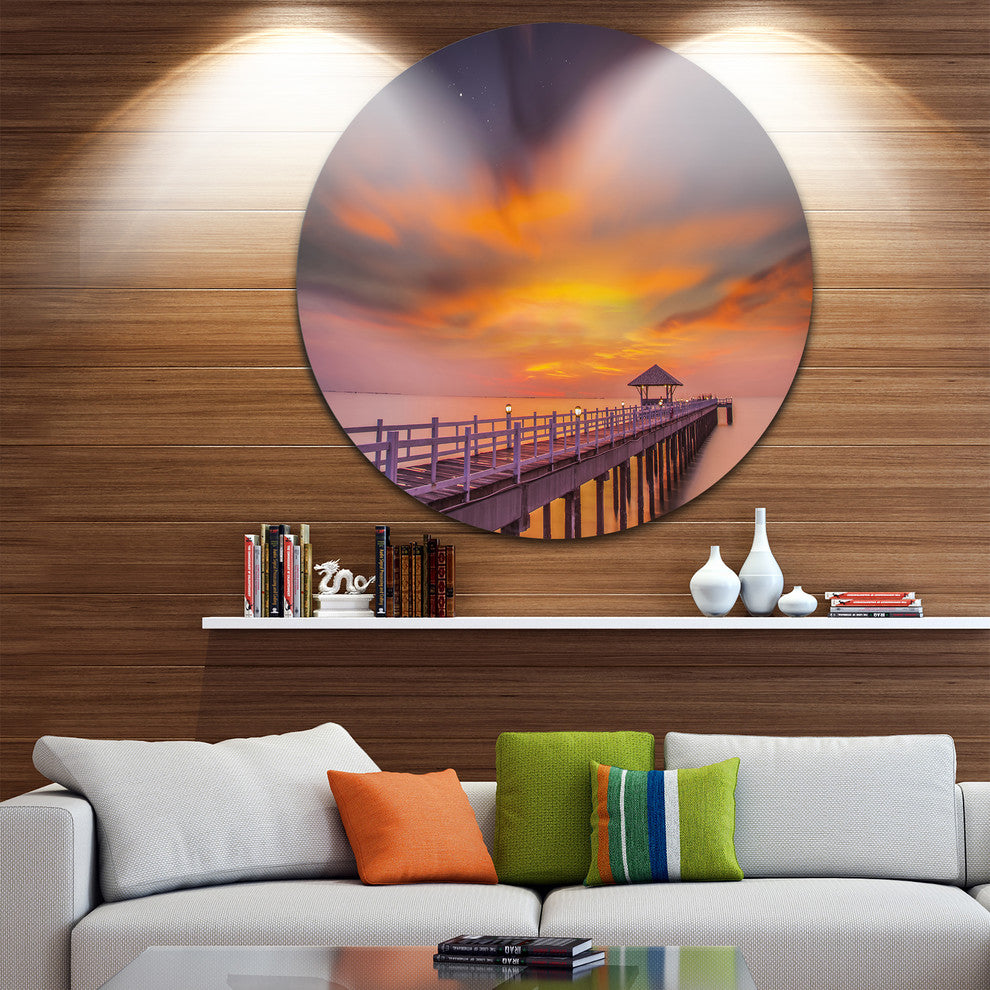 Seashore With Long Wooden Pier, Seascape Round Metal Wall Art, 23"
