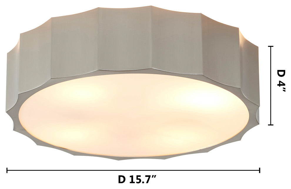 Iron Wave Flushmount Light With White Frosted Acrylic Cover, Shiny Nickel